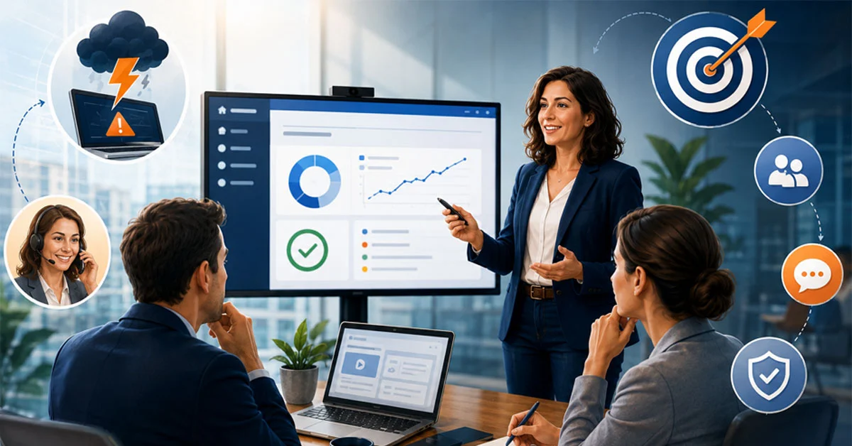 Winstep Formation à la démo logicielle en entreprise : une commerciale présente un logiciel à des prospects lors d’une réunion, avec gestion des objections, objectifs de vente et performance commerciale.